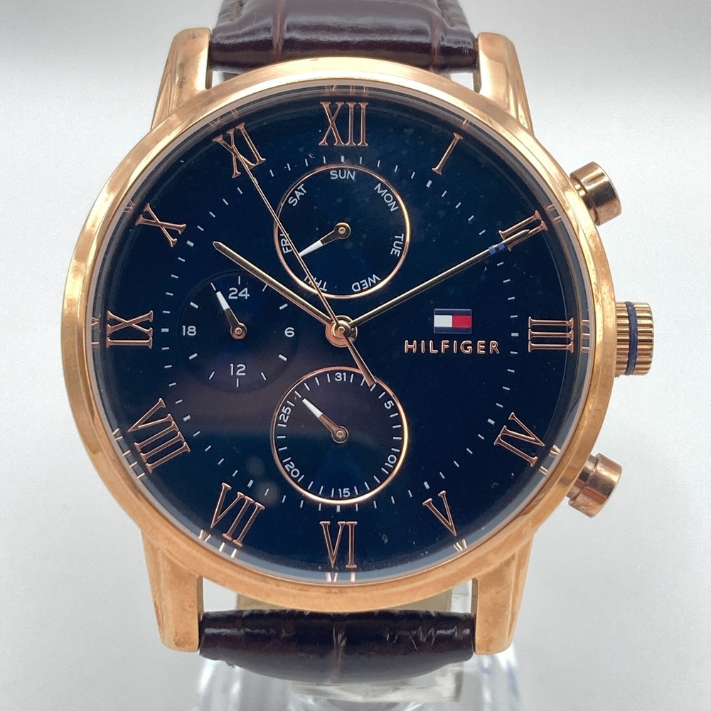 Tommy Hilfiger Kane Men's Watch 44mm Rose Gold Tone Day Date New Battery 9.5"